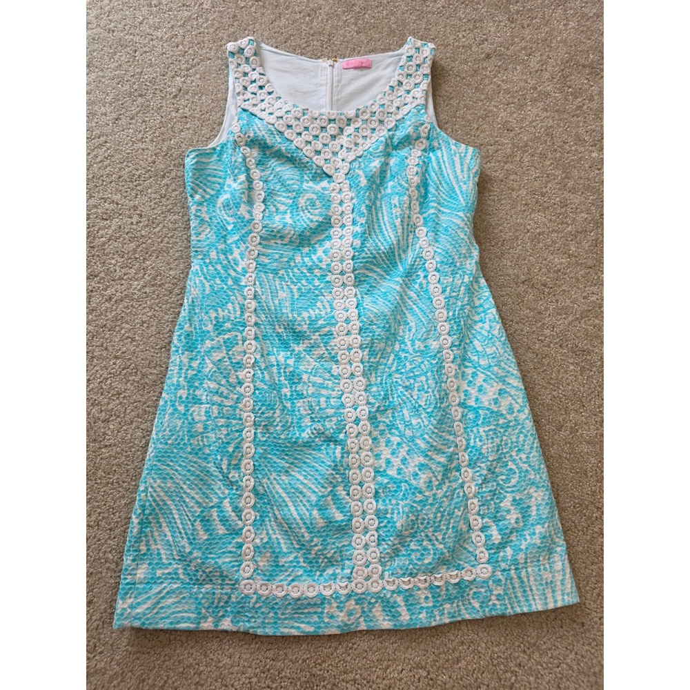 Lilly Pulitzer Turquoise Shell Print Seersucker Shift Dress Crochet Lace Trim 8 - Picture 3 of 12